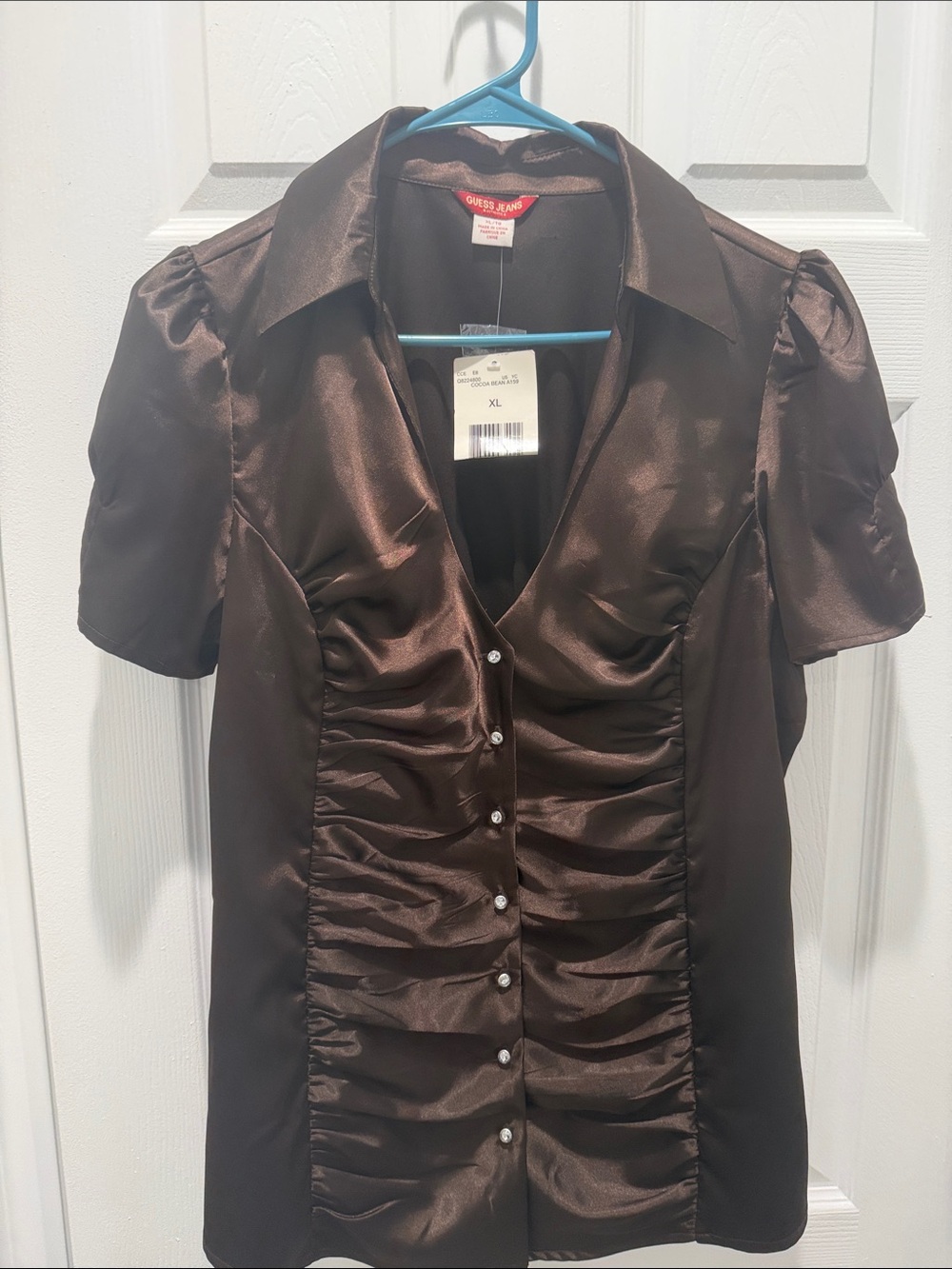 Guess Chocolate Brown Satin Ruched Button Blouse